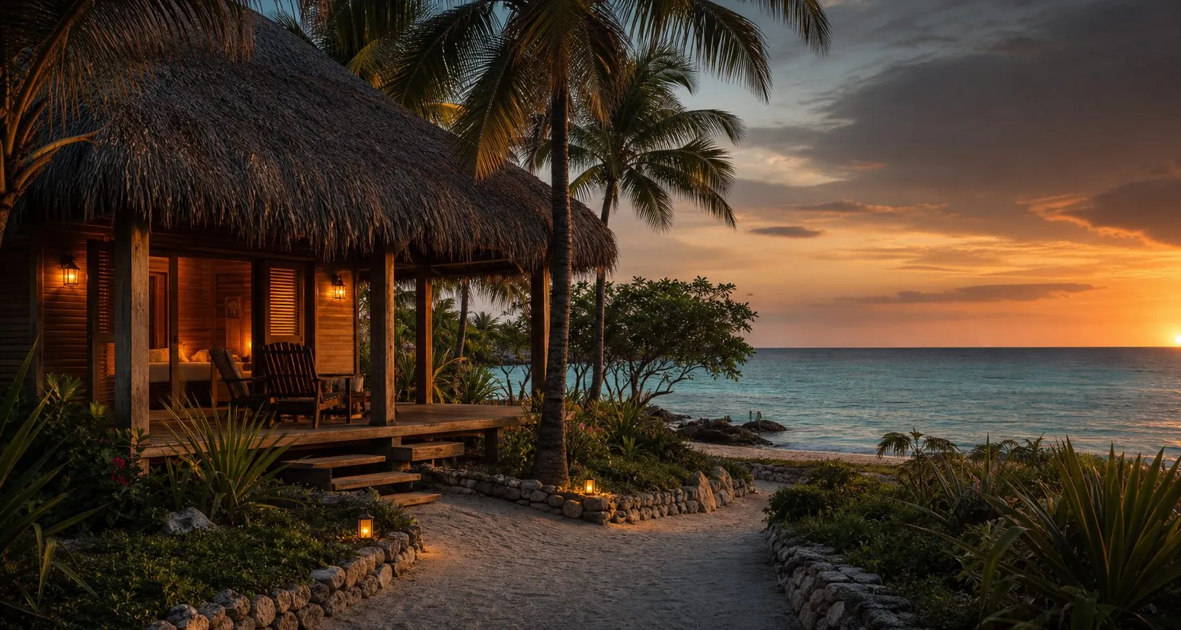 Cabaña tropical de madera frente al mar al atardecer